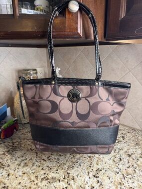 Coach Brown Signature Canvas Tote with Black Trim